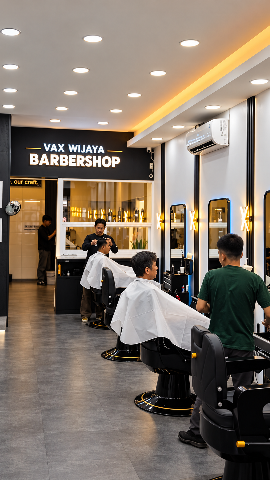 Interior barbershop dengan kursi barber dan pencahayaan hangat